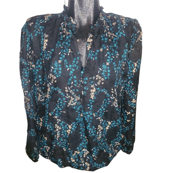 Tamara H Floral Black and Teal Blouse XL - Picture 2 of 7